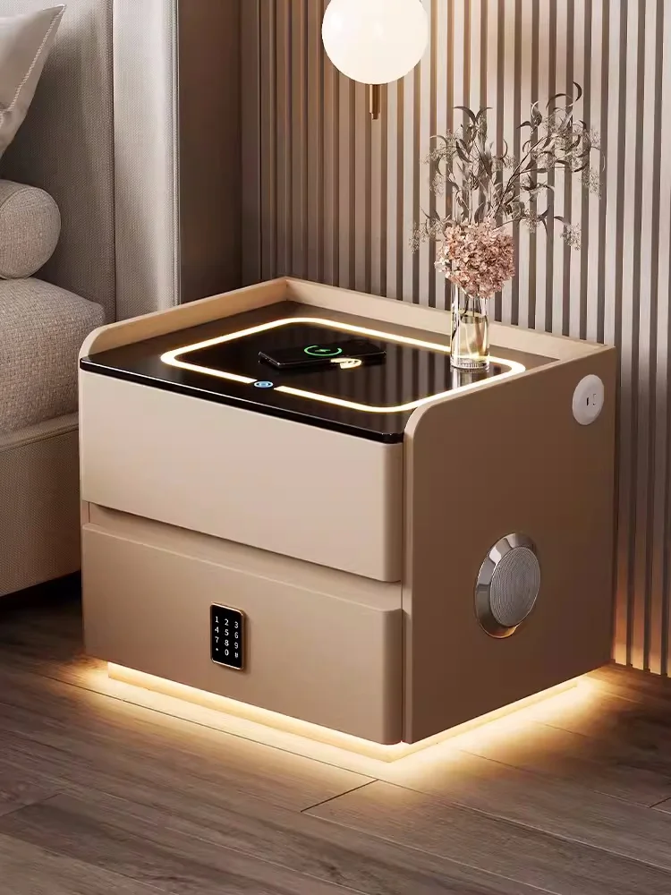 Solid Wood Nightstand 2 Drawers - Intelligent Solid Wood Bedside Table with