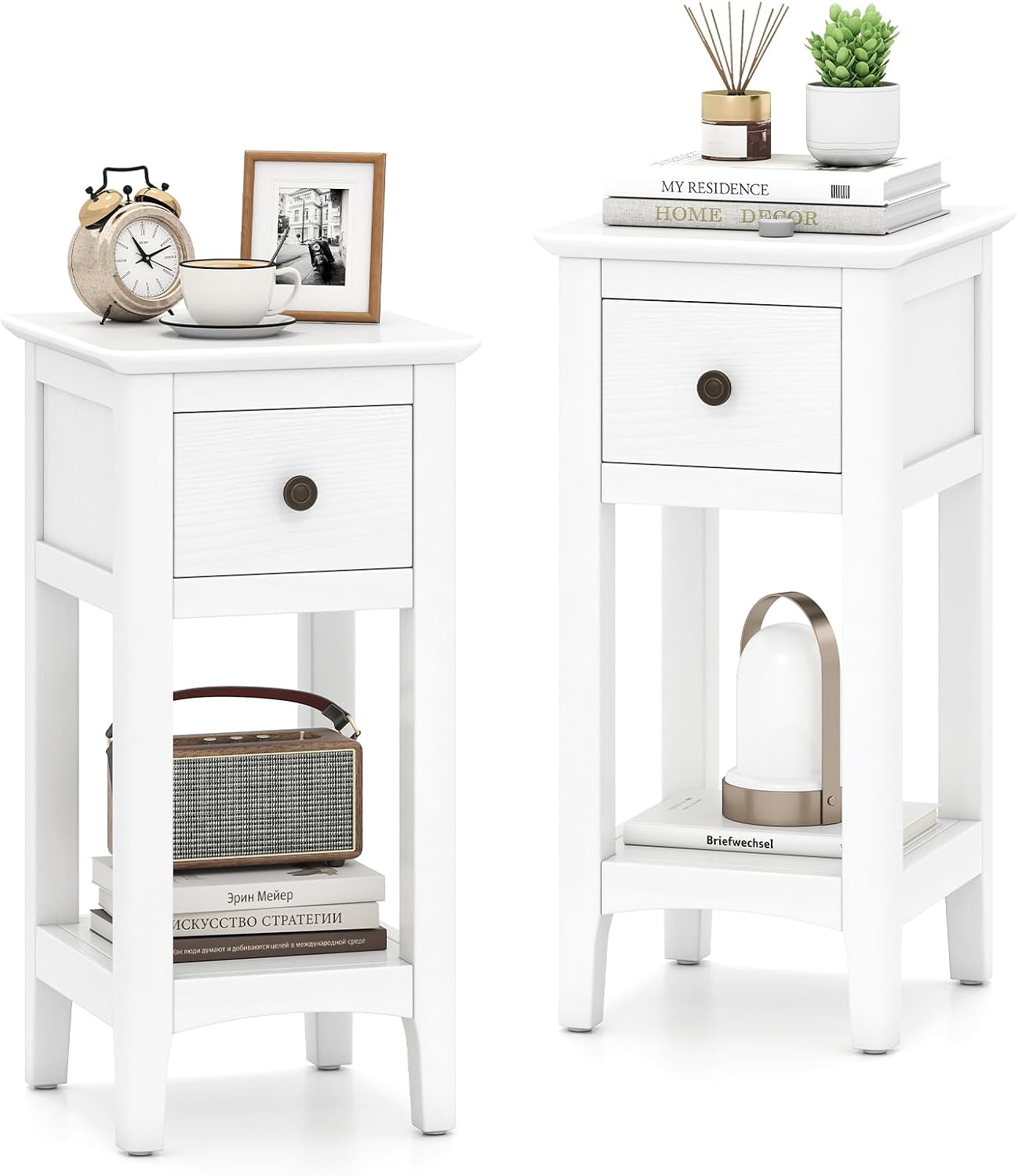 Solid Wood Nightstand 2 Drawers - Narrow End Tables with Drawer Set