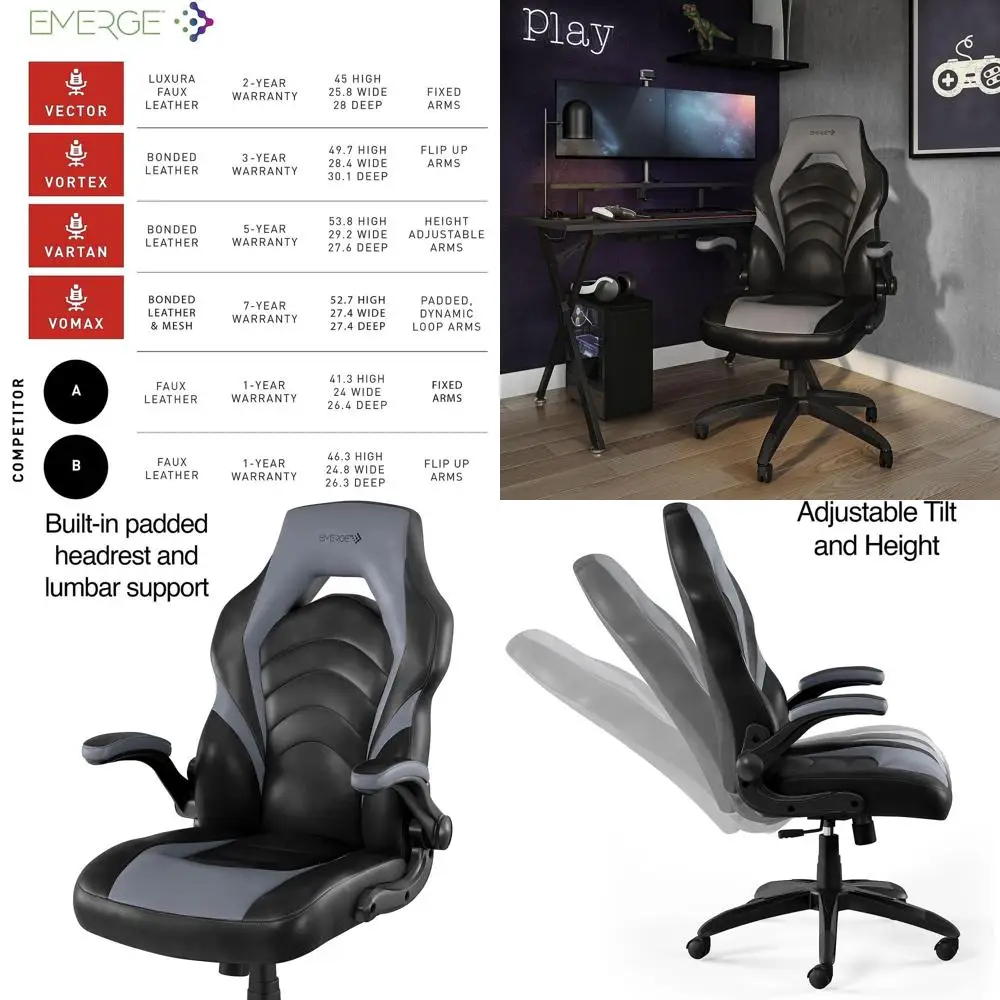 Chairs - Ergonomic Adjustable Gaming Chair, Height-Modifiable, Swivel,