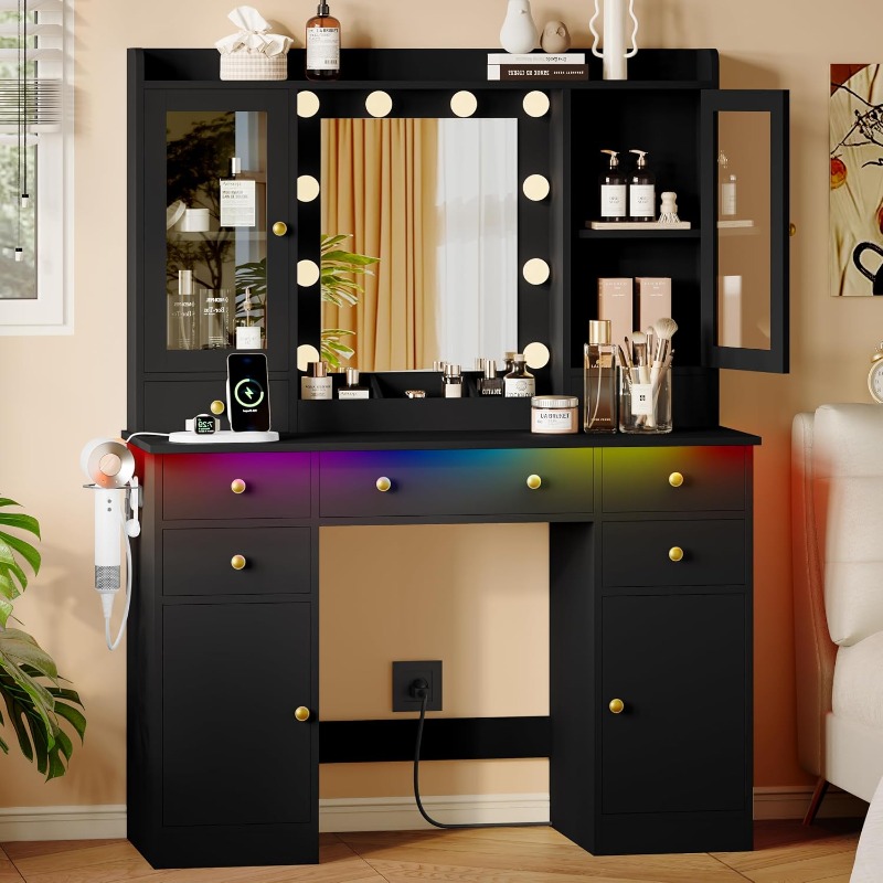 Dressing Table Vanity With Lighted Mirror - Makeup Vanity Desk with Mirror and