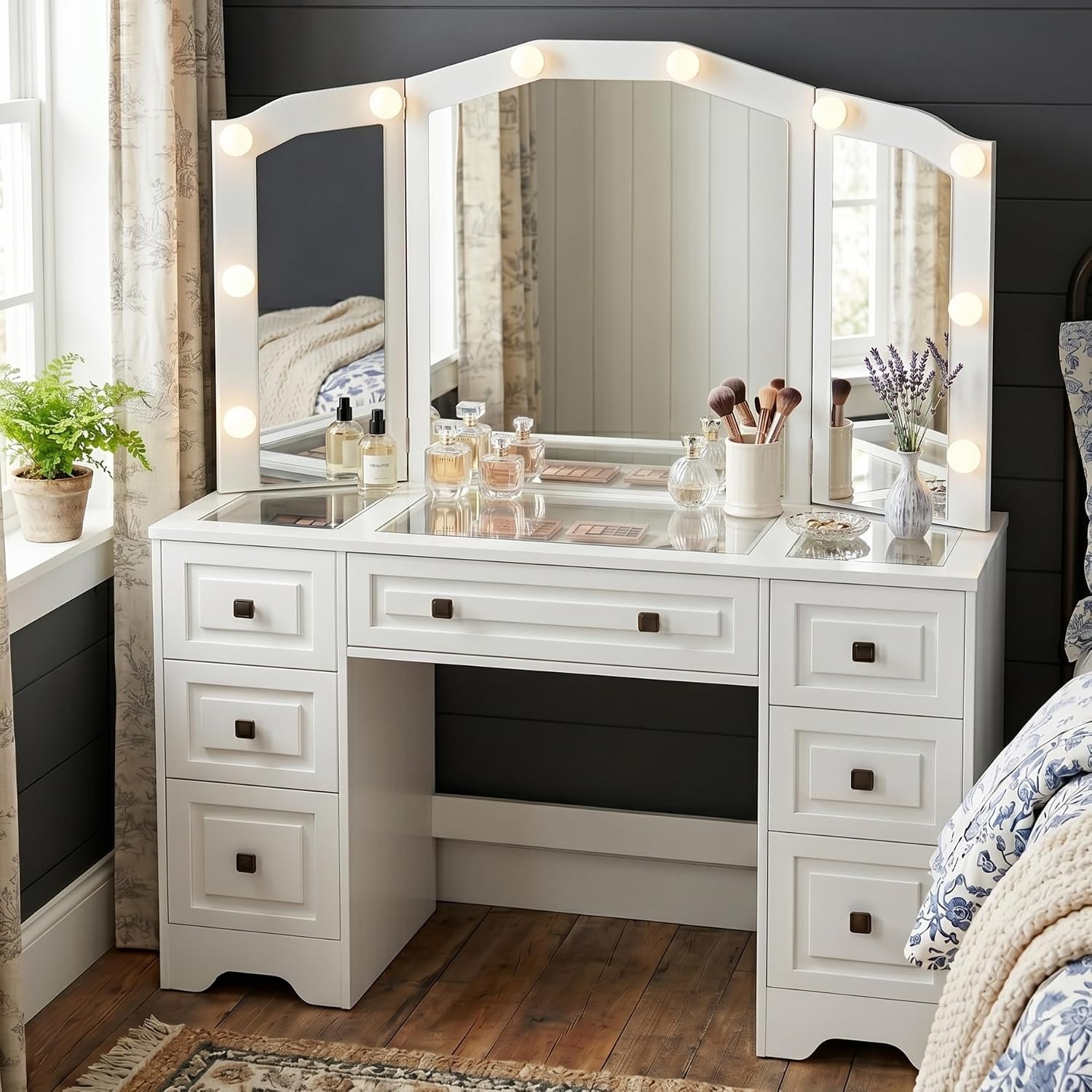 Lighted Vanity Desk, Tri-Fold  - Dressing Table Vanity With Lighted Mirror ulasan dan harga